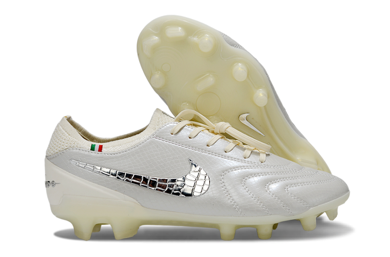 Chuteria Campo Nike Tiempo Legend 10  Elite LUXE Limitada FG- Branco/Prata